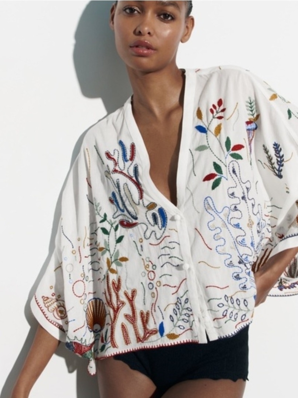 Zara White Embroidered Kimono Swim Cover-Up with Multicolor Blouse